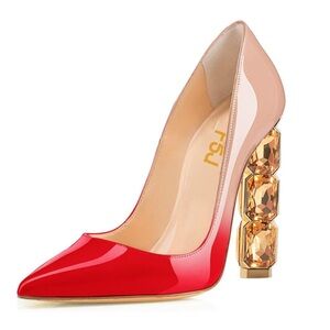 FSJ Red and Nude Heels with Gem Embellishment